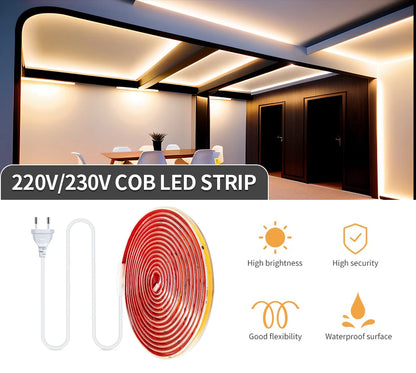 220V COB LED Strip Light 296 LEDs/m High Brightness