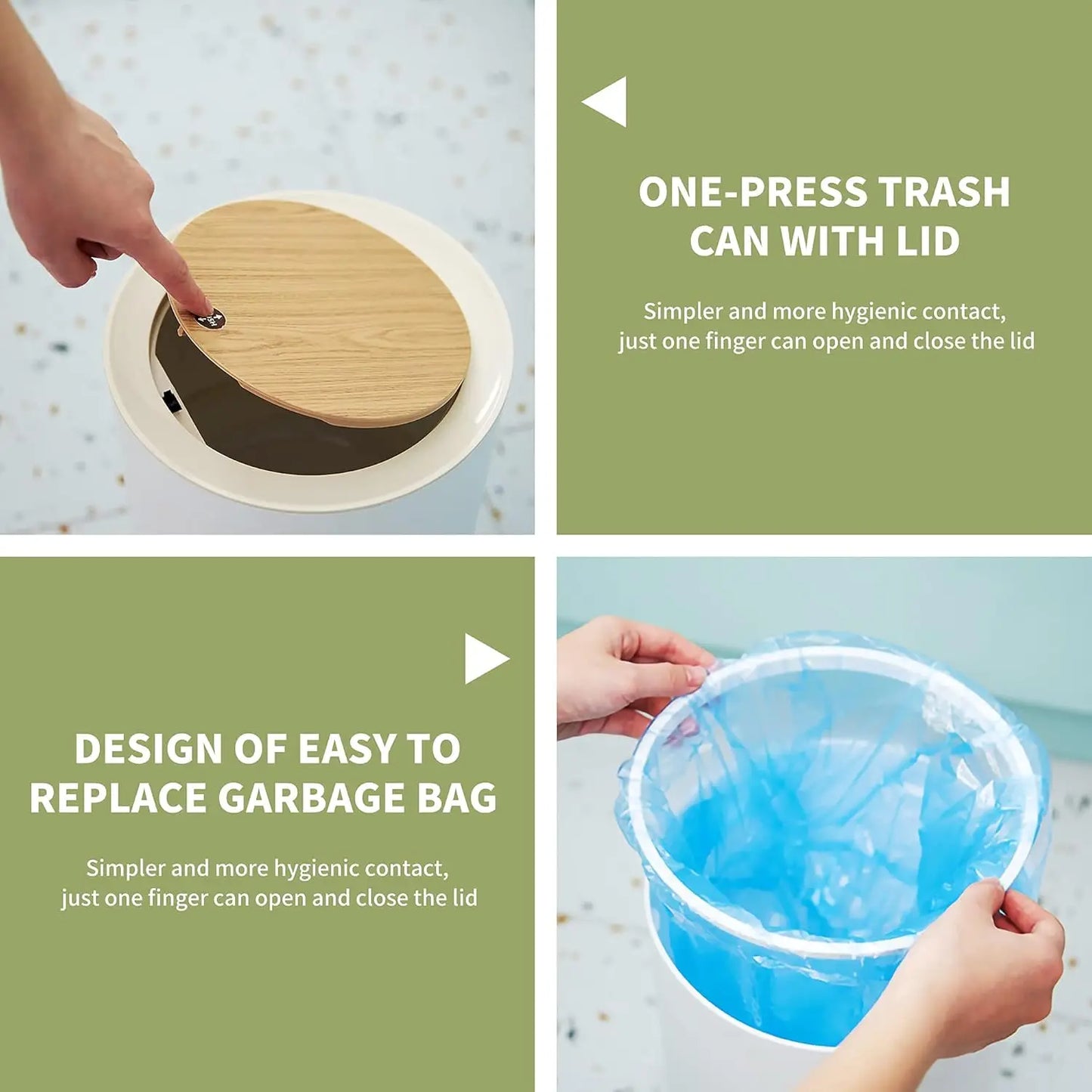 7L Round Wood Grain Trash Can Press Type Garbage Can
