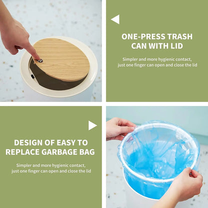 7L Round Wood Grain Trash Can Press Type Garbage Can