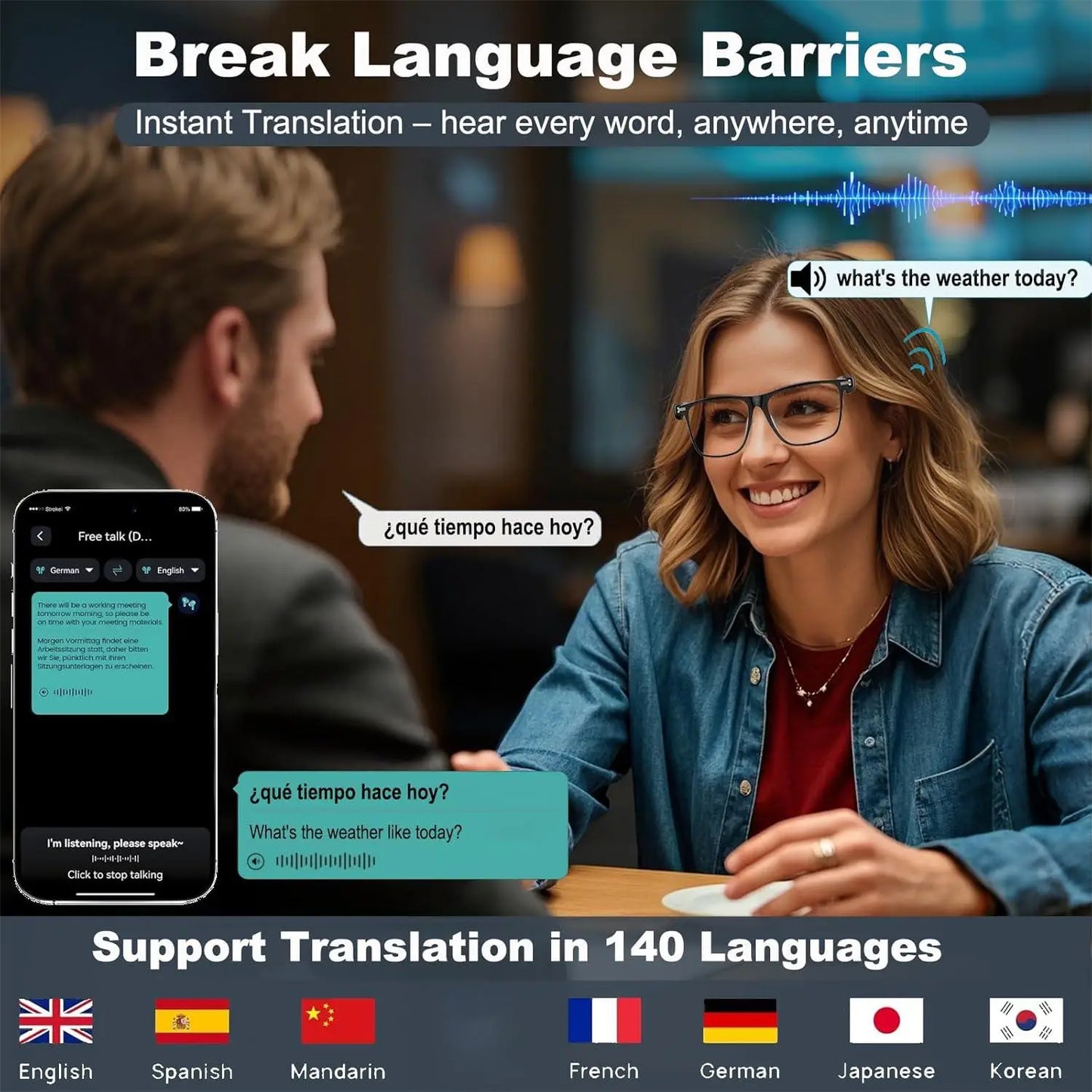 AI Translation Smart Glasses with photochromic lenses