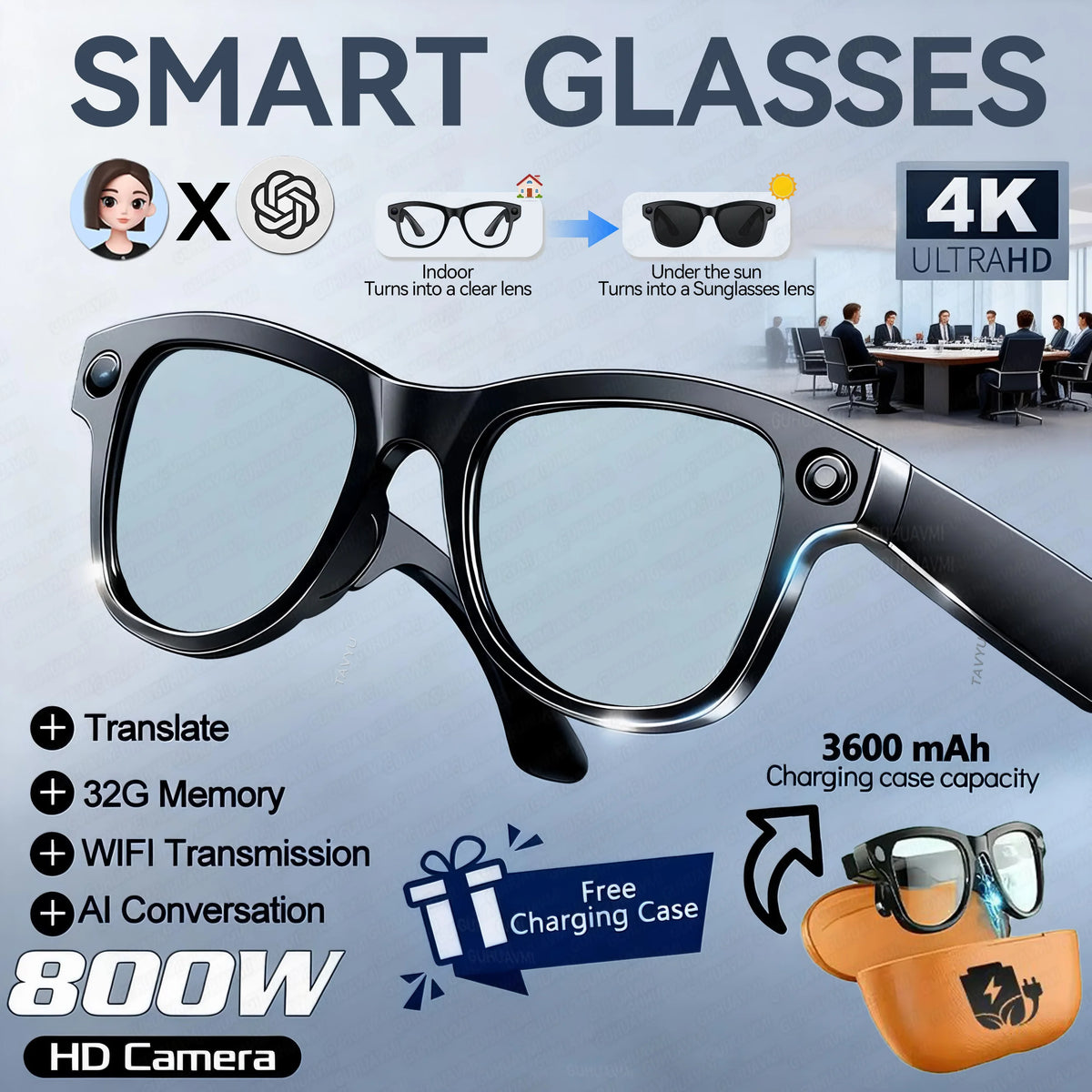 World Premiere Smart AI Glasses 4K HD 800W Pixel Camera