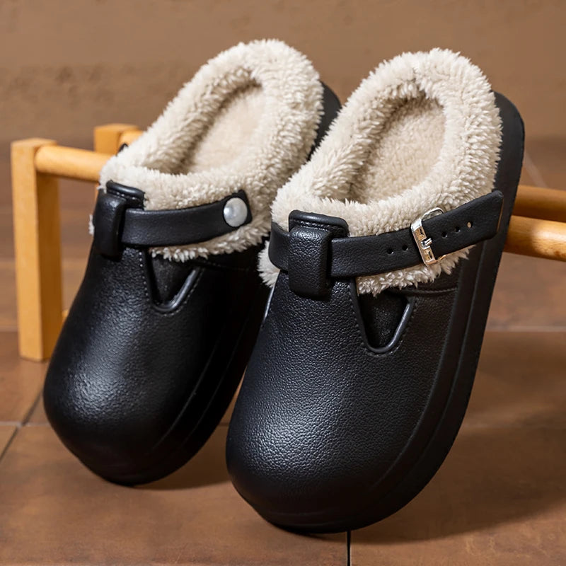 Waterproof Eva Furry Mules Slippers Women Winter Metal Buckle