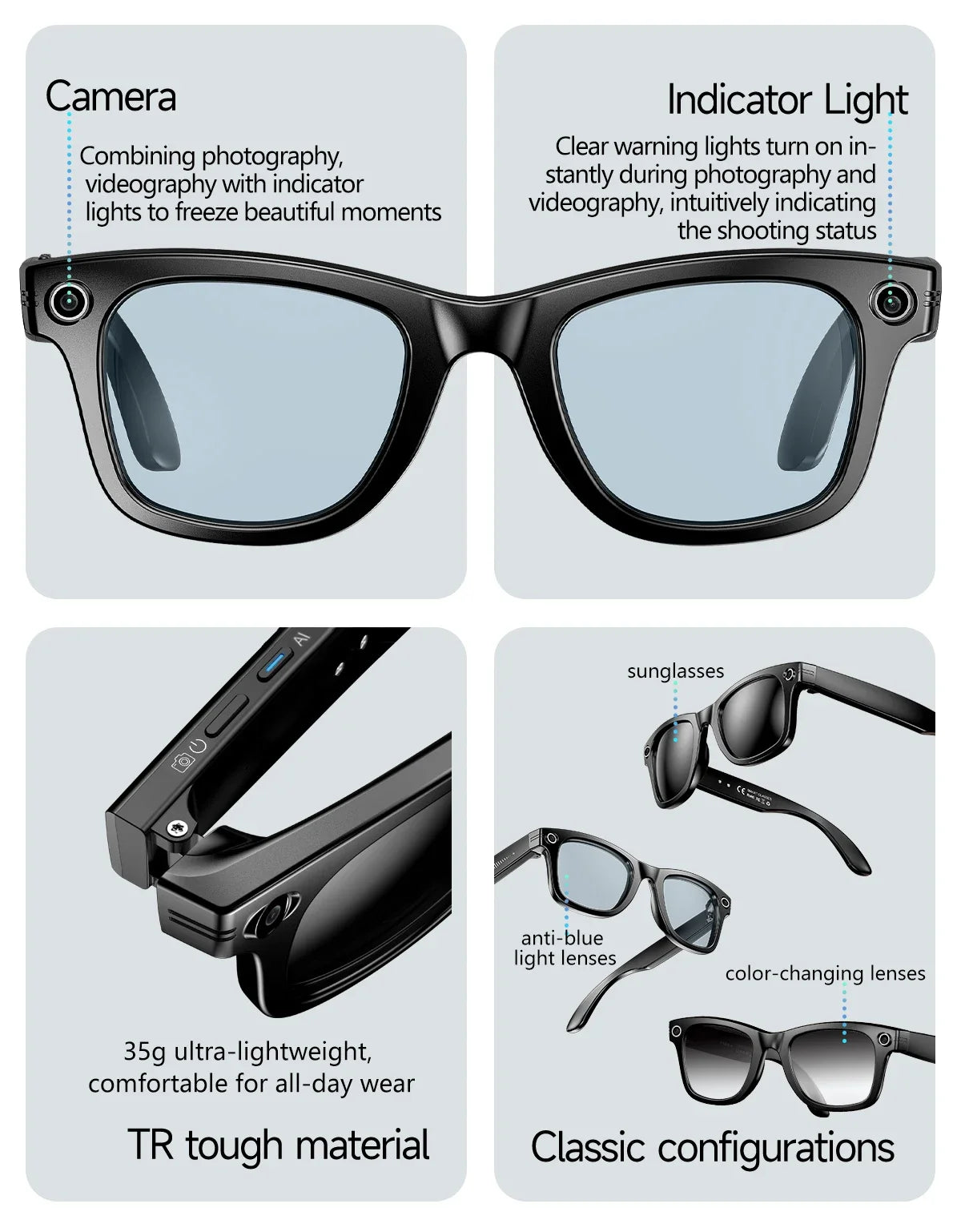 AI Smart Glasses with 8MP Camera Video Recording 100+ Languages
