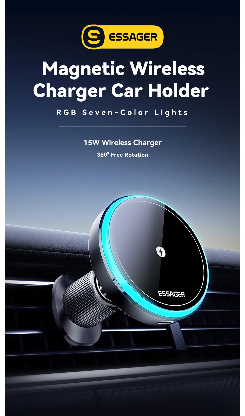 Essager Magnetic Car Phone Holder 15W Wireless Charger Stand