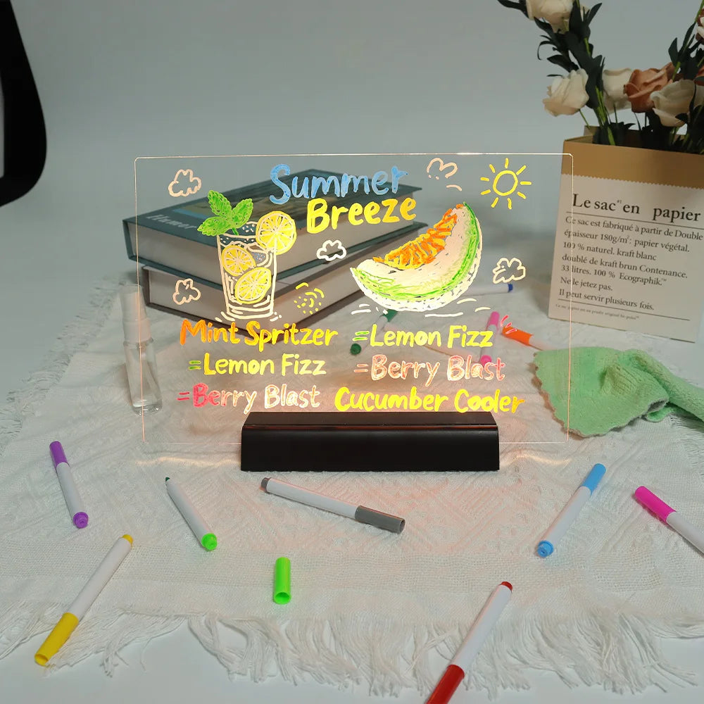 LED Note Board DIY Acrylic Night Light 7 Pens Drawing Board