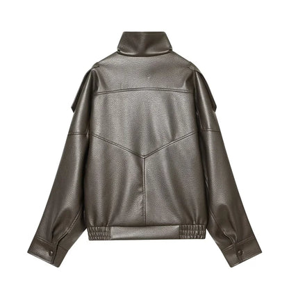 Women's Jacket Fall New Black Long Sleeve Pebble Faux
