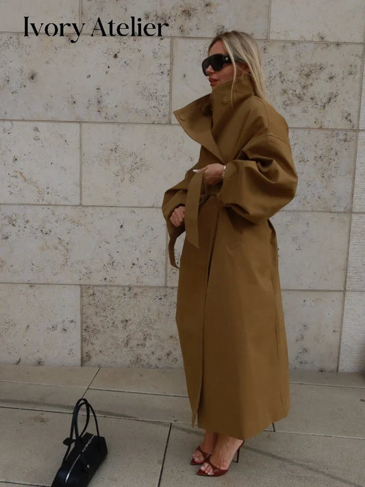Casual Solid Long Trench Coat Women Stand Collar