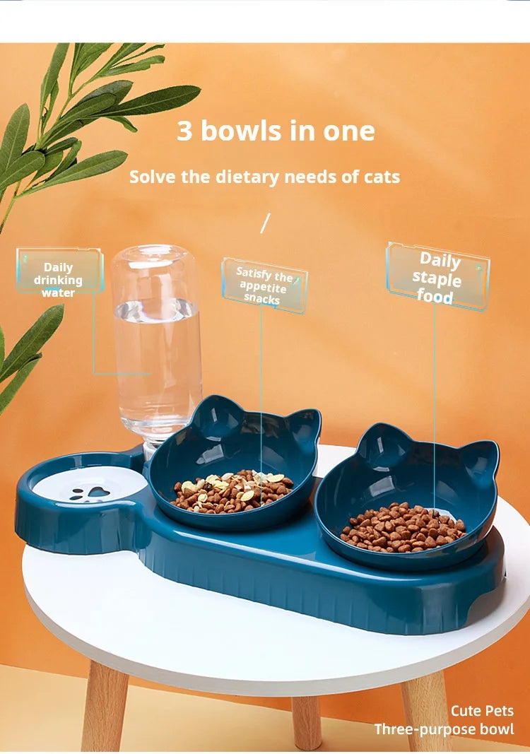 Pet Bowls With Water Feeder 3 In 1 Ear Design Tilted