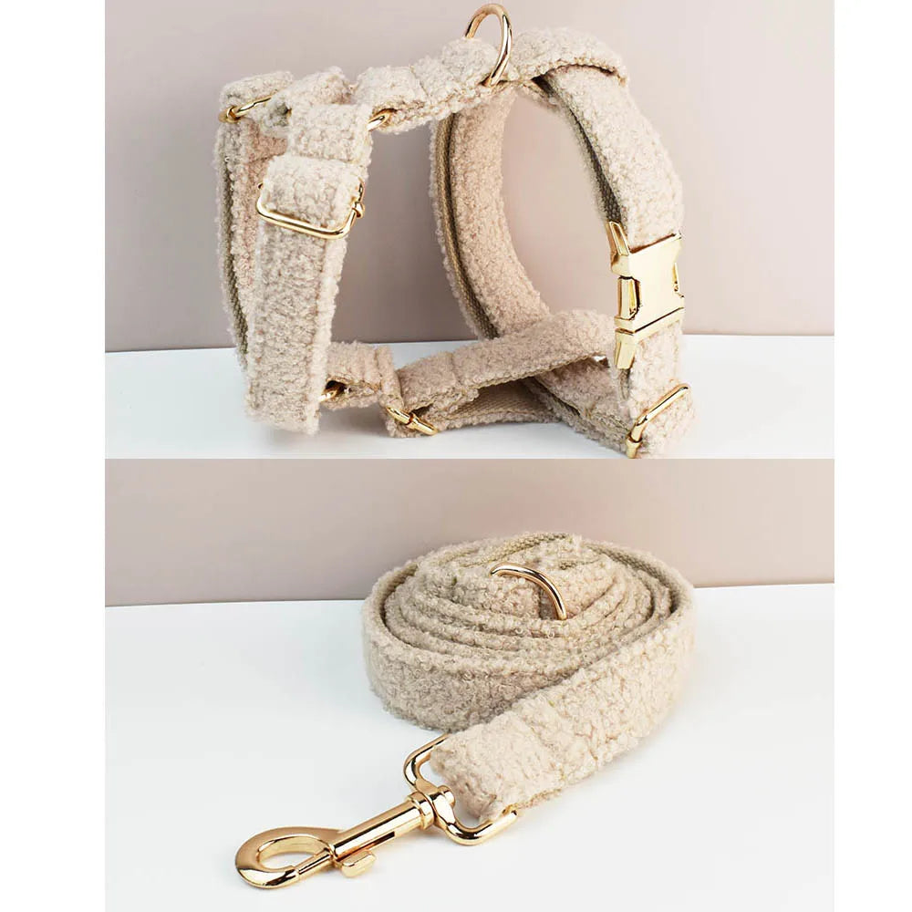Teddy Velvet Dog Collar And Leash Set For Dogs Custom Engraved