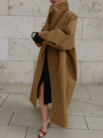 Casual Solid Long Trench Coat Women Stand Collar