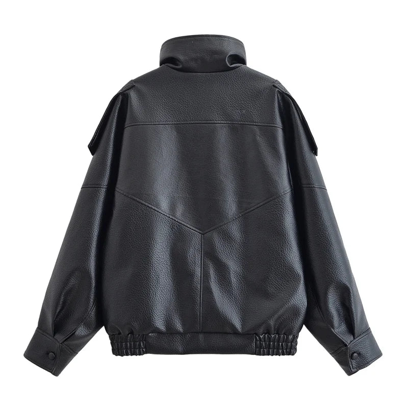 Women's Jacket Fall New Black Long Sleeve Pebble Faux