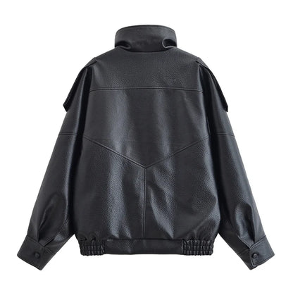 Women's Jacket Fall New Black Long Sleeve Pebble Faux