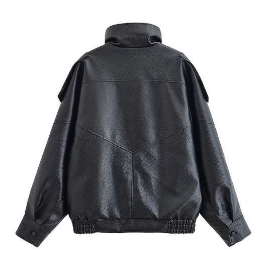 Women's Jacket Fall New Black Long Sleeve Pebble Faux
