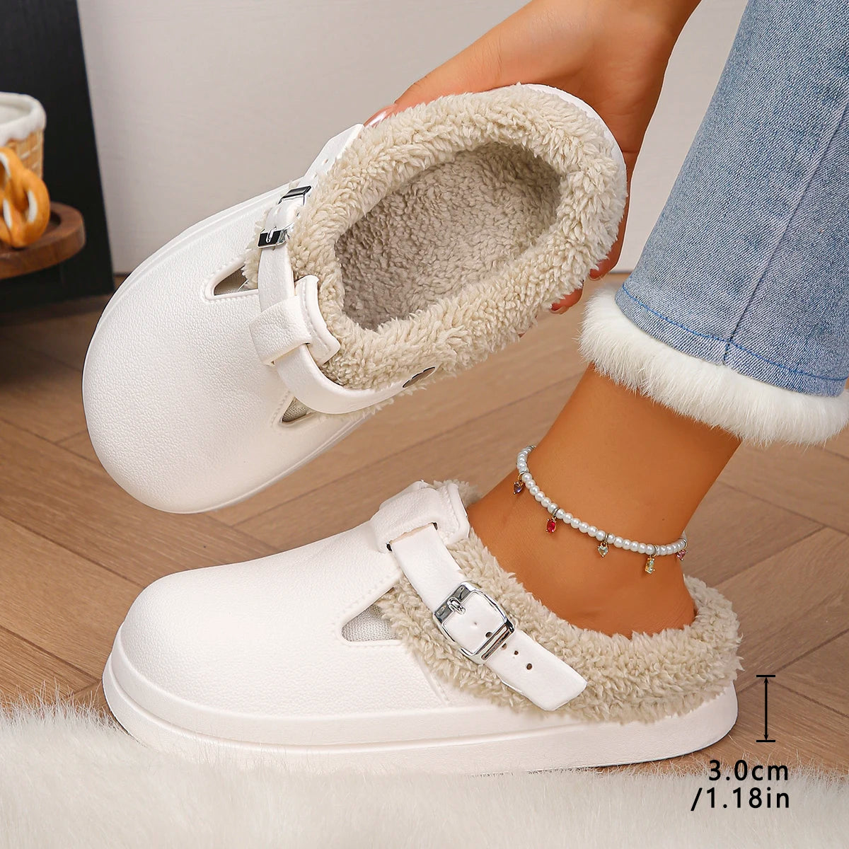 Waterproof Eva Furry Mules Slippers Women Winter Metal Buckle