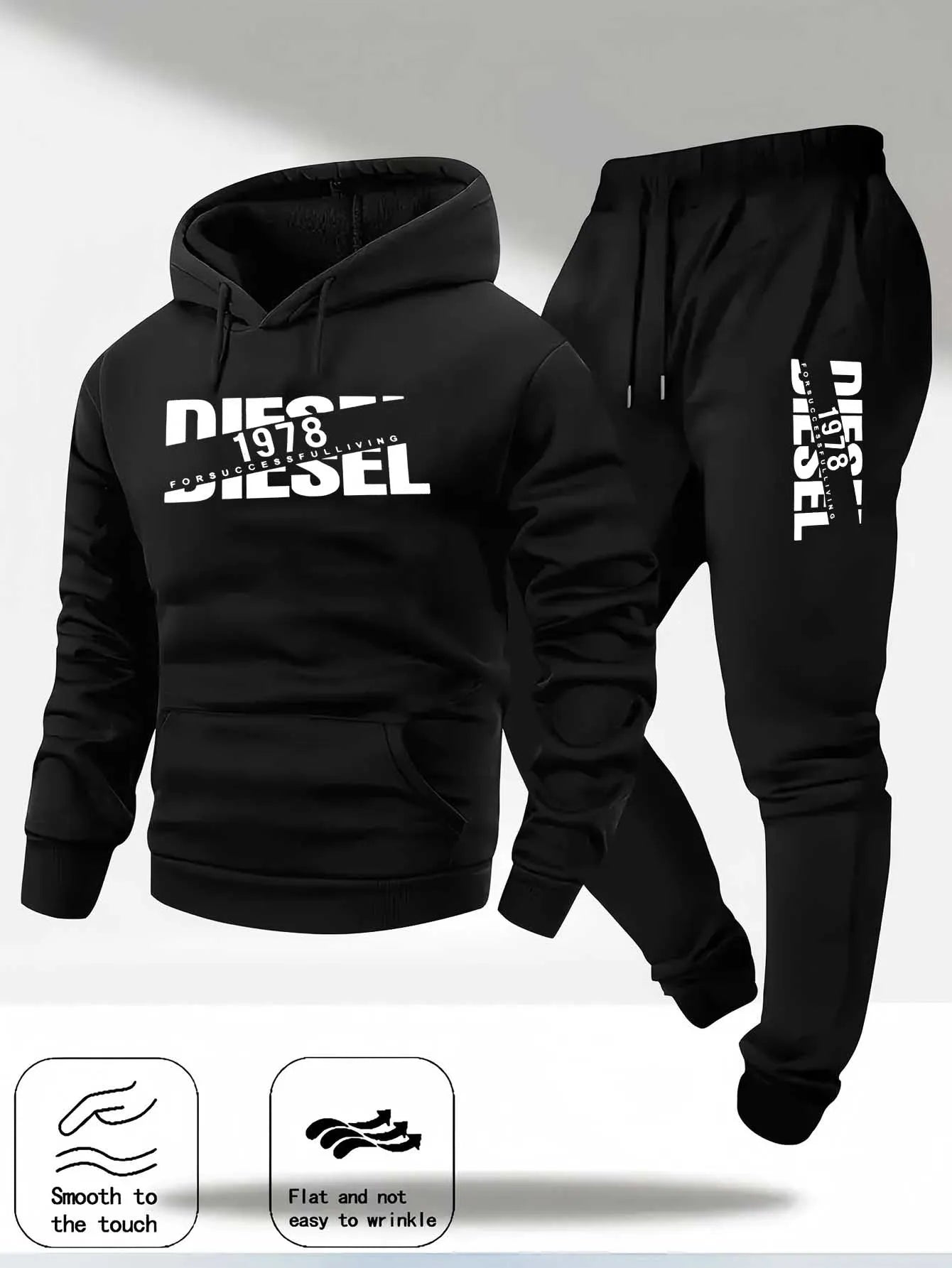 Men Fashion Print Tracksuit Hooded Sweatshirt + Sweatpants Set