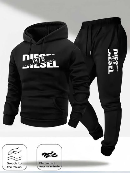 Men Fashion Print Tracksuit Hooded Sweatshirt + Sweatpants Set