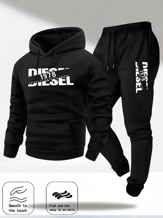 Men Fashion Print Tracksuit Hooded Sweatshirt + Sweatpants Set