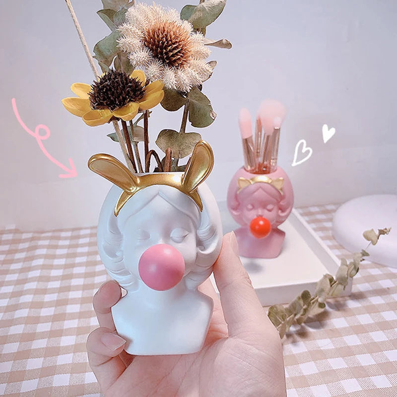 Cute Girl Bubble Gum Figurine Resin Flower Vase Decorative