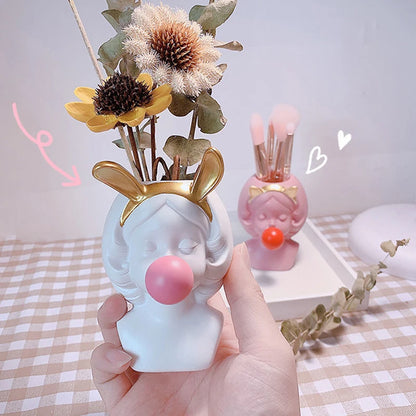 Cute Girl Bubble Gum Figurine Resin Flower Vase Decorative