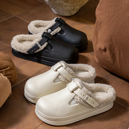 Waterproof Eva Furry Mules Slippers Women Winter Metal Buckle