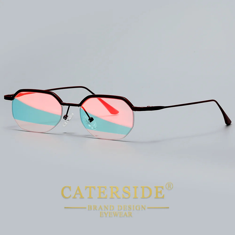 Retro Polygon Sunglasses Men Metal Semi Rimless