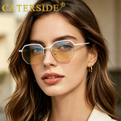 Retro Polygon Sunglasses Men Metal Semi Rimless