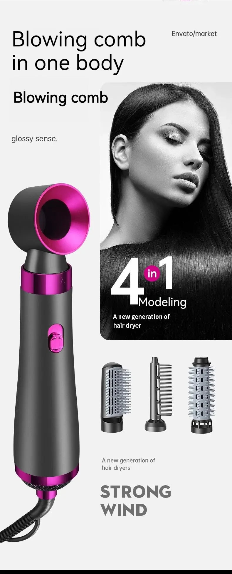 Five in one hair dryer hot air comb electric curly hair straightener