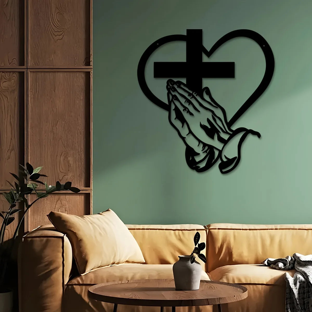 Elegant Metal Christian Heart & Cross Wall Decor