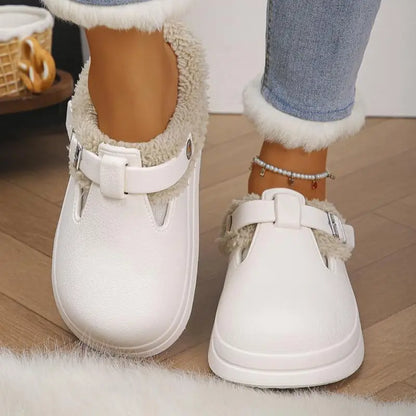 Waterproof Eva Furry Mules Slippers Women Winter Metal Buckle
