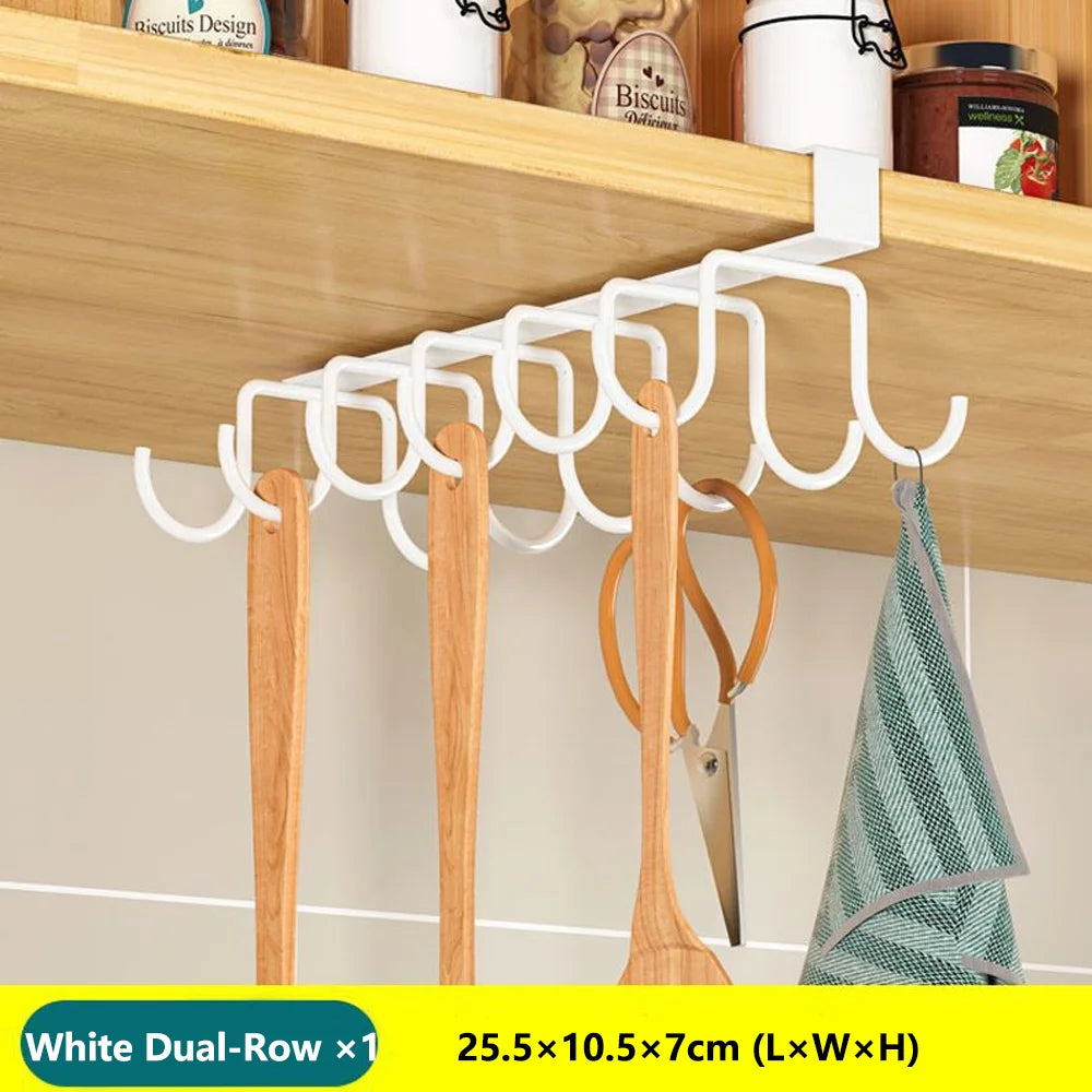 Kitchen Hanging Organizer Rack with Hooks Under Cupboard Paper Towel Rags