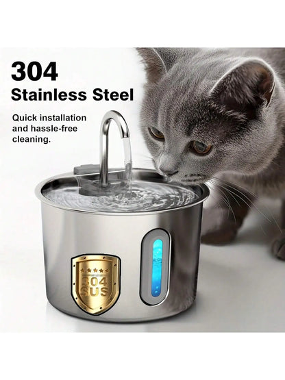 Stainless Steel Cat Water Fountain With LED Blue Light
