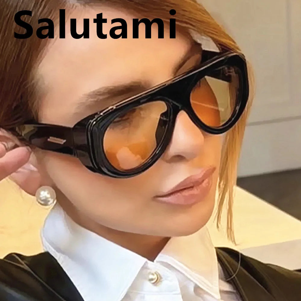 Vintage thick frame stripe oval sunglasses for women
