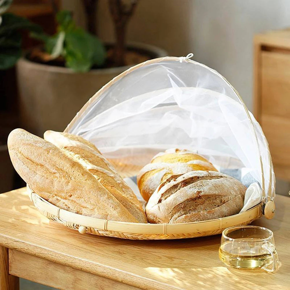 Handmade Bamboo Basket With Net Mesh Cover Kitchen Bread