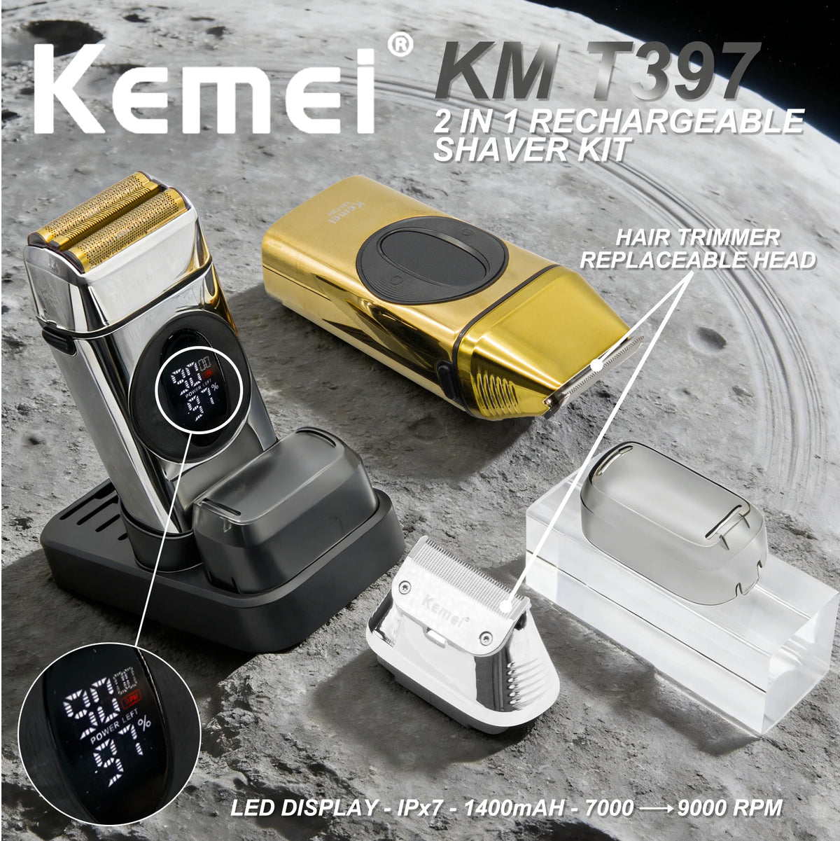 Kemei Beard Trimmer Professional Hair Trimmers IPX7 Beard Shaver