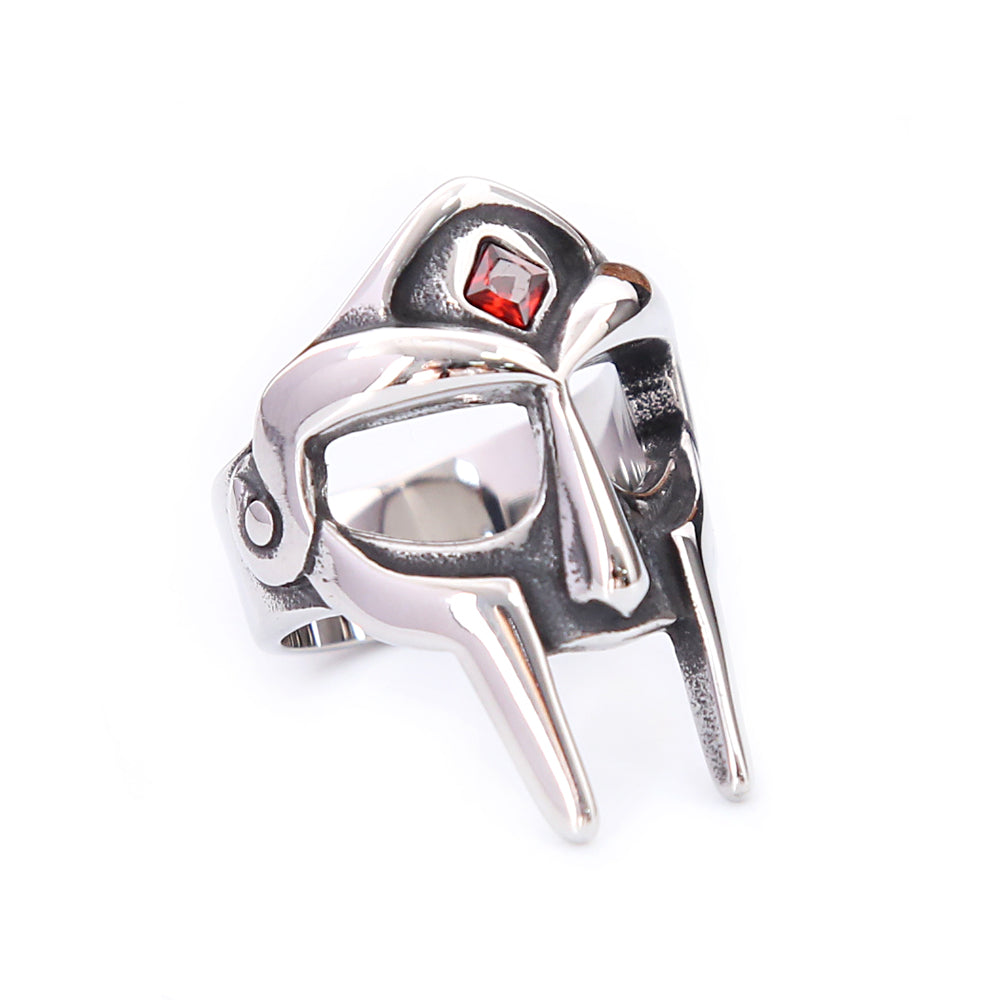 Punk Vintage Stainless Steel MF DOOM Mask Rings With Red Stone