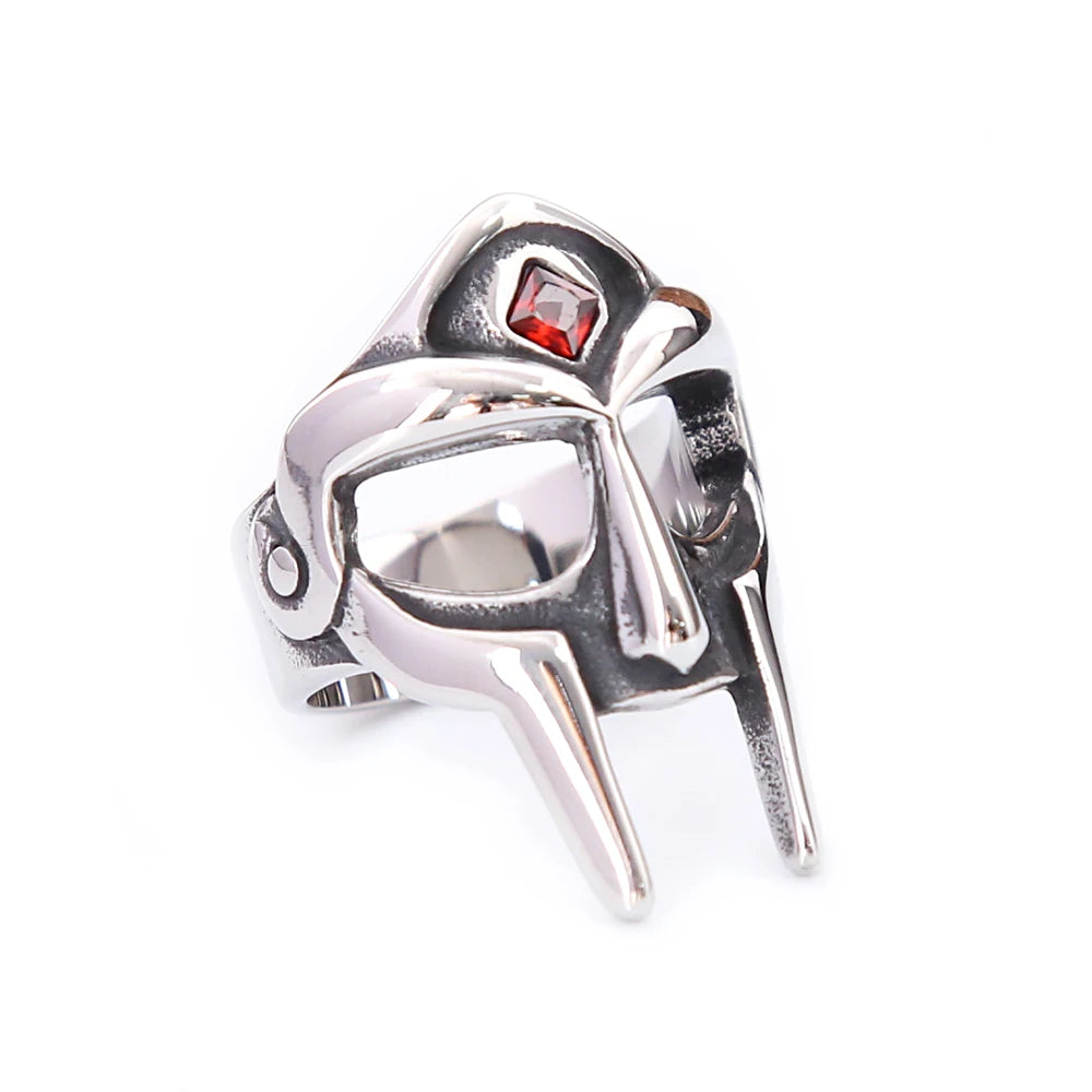 Punk Vintage Stainless Steel MF DOOM Mask Rings With Red Stone