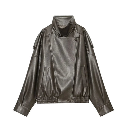 Women's Jacket Fall New Black Long Sleeve Pebble Faux