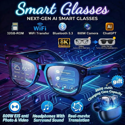 Smart AI Glasses 4K 800W Camera 3600mAh Power Bank