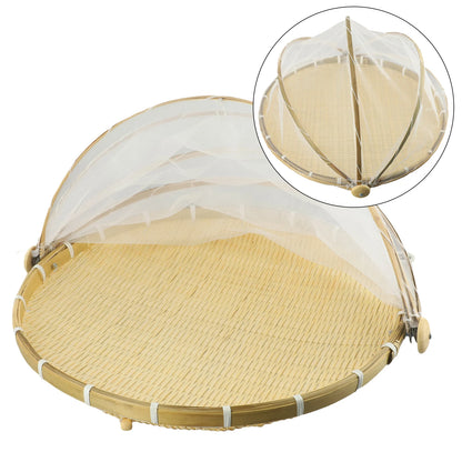 Handmade Bamboo Basket With Net Mesh Cover Kitchen Bread