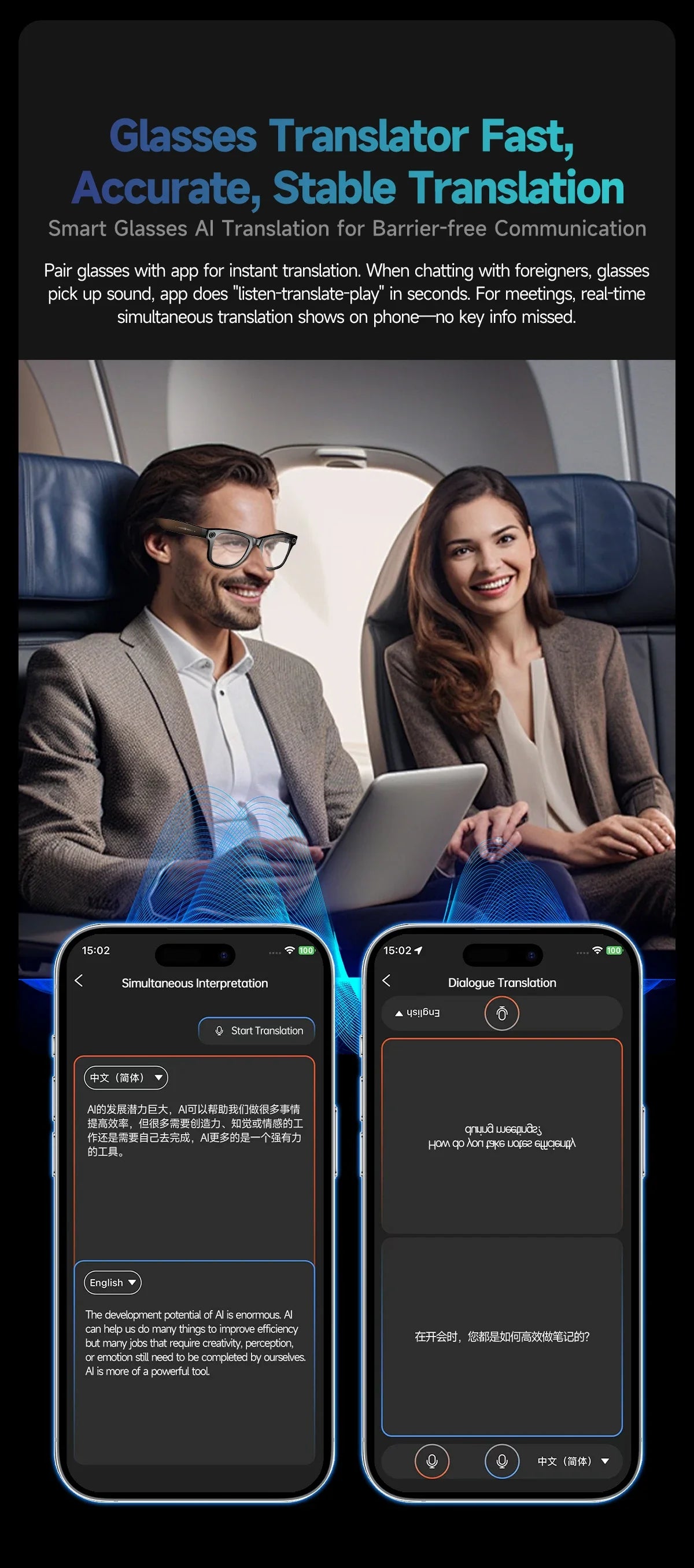 AI Smart Glasses with 8MP Camera Video Recording 100+ Languages