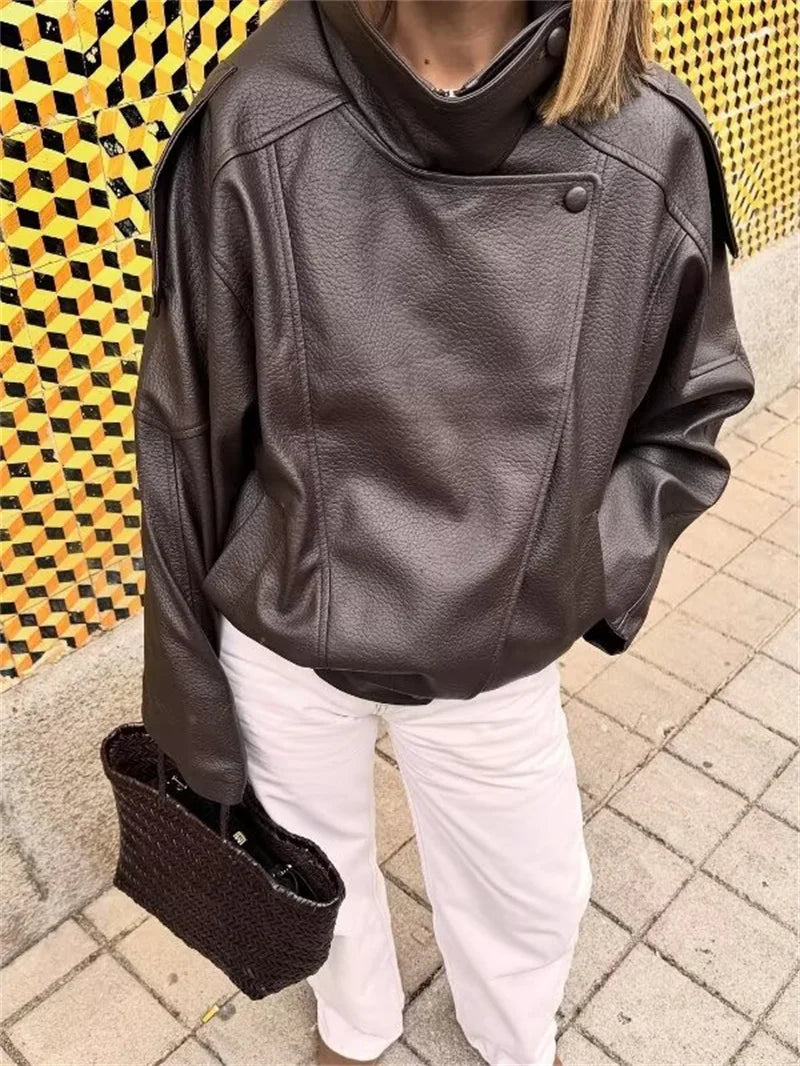 Women's Jacket Fall New Black Long Sleeve Pebble Faux