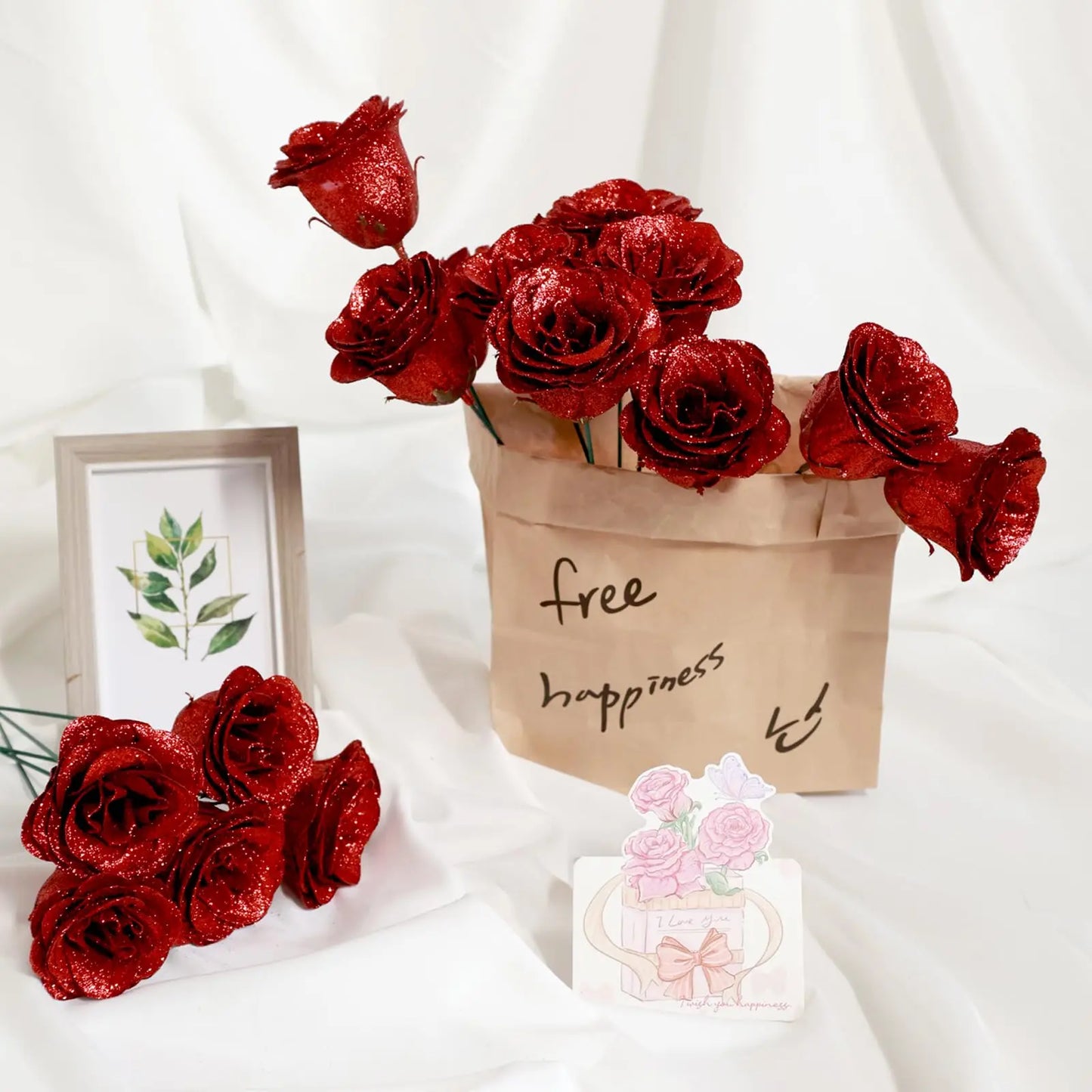 Red Glitter Roses Bouquet DIY Gift Set Everlasting Shiny