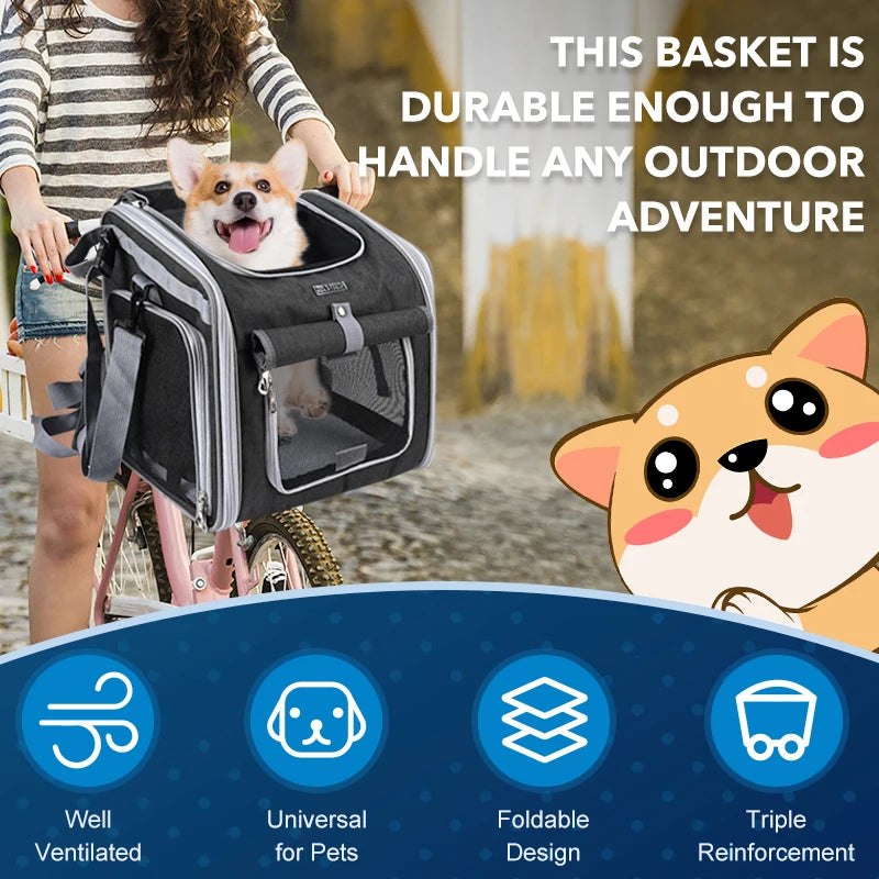 Dog or Cat Bike Basket, Expandable Soft Sided Pet Carrier