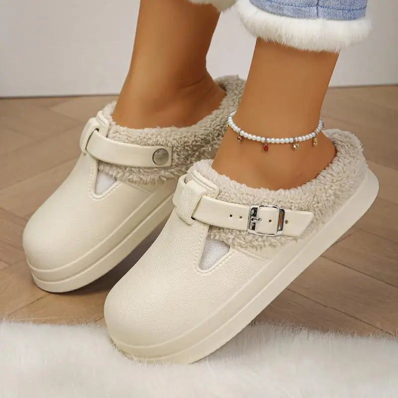 Waterproof Eva Furry Mules Slippers Women Winter Metal Buckle