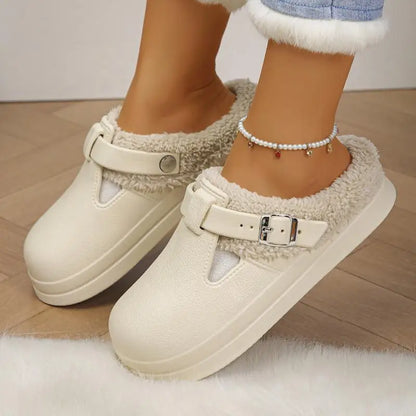 Waterproof Eva Furry Mules Slippers Women Winter Metal Buckle