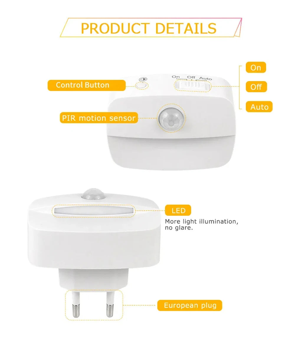 LED Night Light Motion Sensor EU Plug Lamp Nightlights