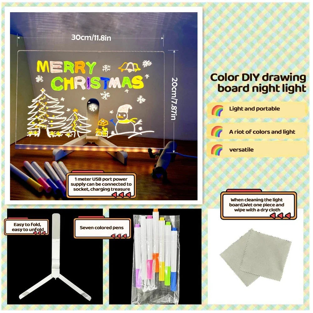 LED Note Board DIY Acrylic Night Light 7 Pens Drawing Board