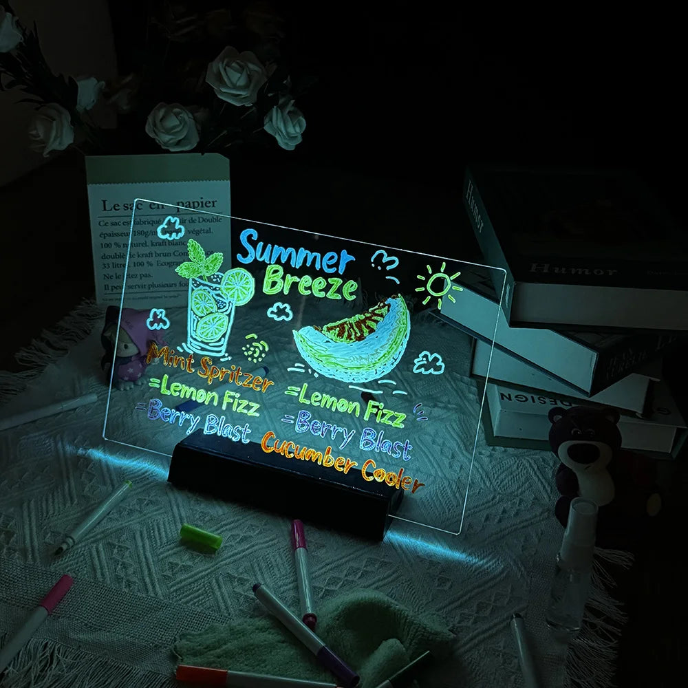 LED Note Board DIY Acrylic Night Light 7 Pens Drawing Board