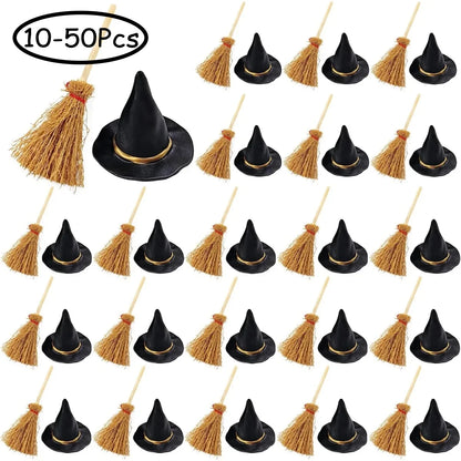 10-50Pcs Mini Witch Hat with Mini Broom Miniature Straw Brooms with Red Rope