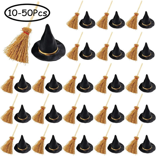 10-50Pcs Mini Witch Hat with Mini Broom Miniature Straw Brooms with Red Rope